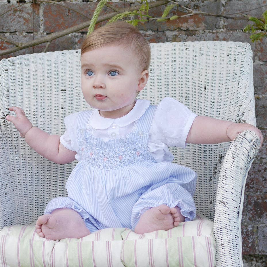 Smocked Rompers Blue: 0-9Mths