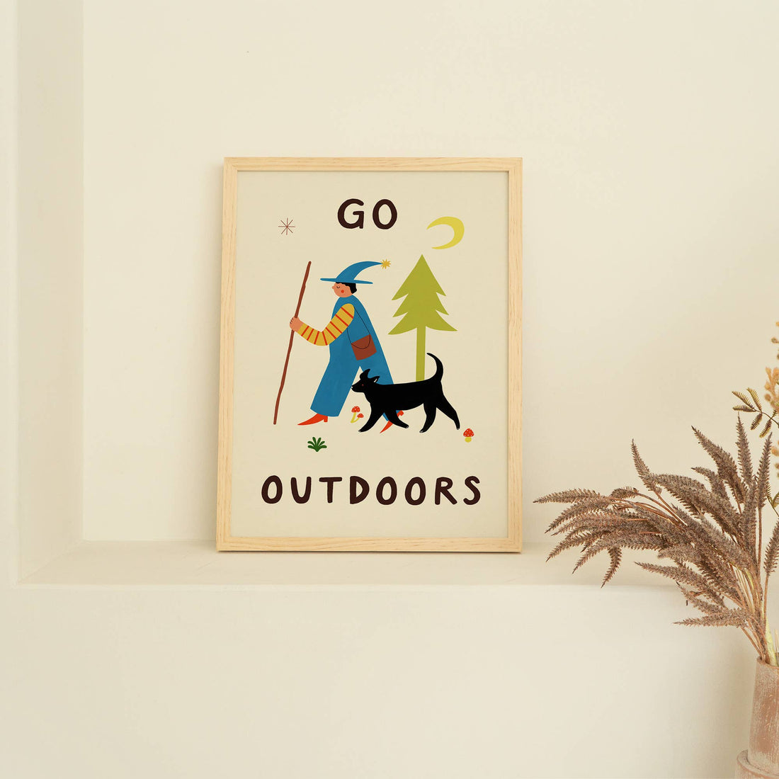 Go Outdoors Art Print | Nature | Folky | Mushrooms | Dog: A3