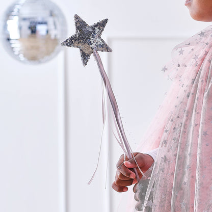 Pink &amp; Silver Sequin Star Fairy Wand