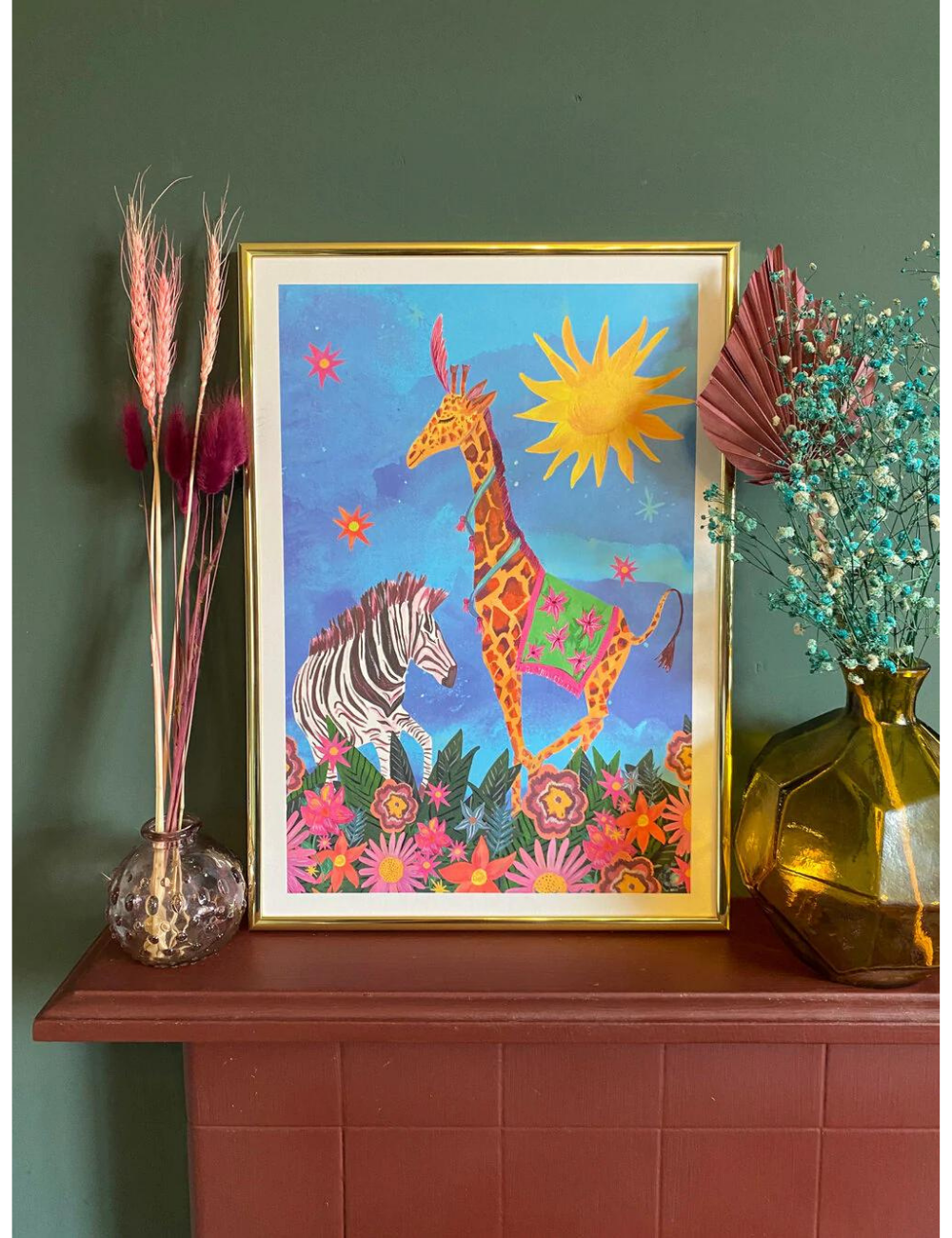 Dancing Giraffe and Zebra A3 Print