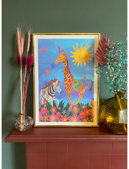 Dancing Giraffe and Zebra A3 Print