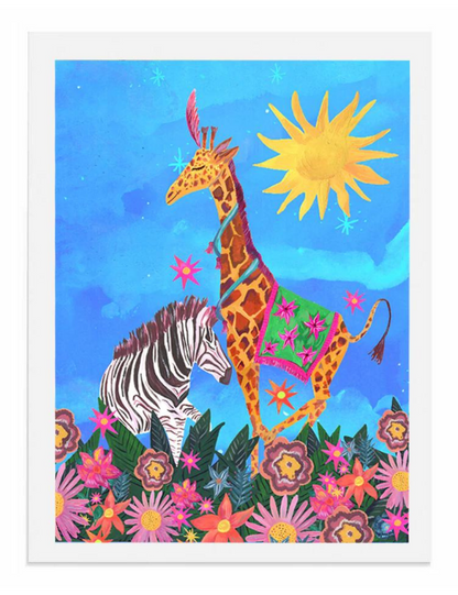 Dancing Giraffe and Zebra A3 Print