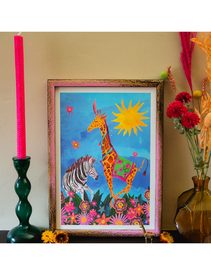 Dancing Giraffe and Zebra A3 Print