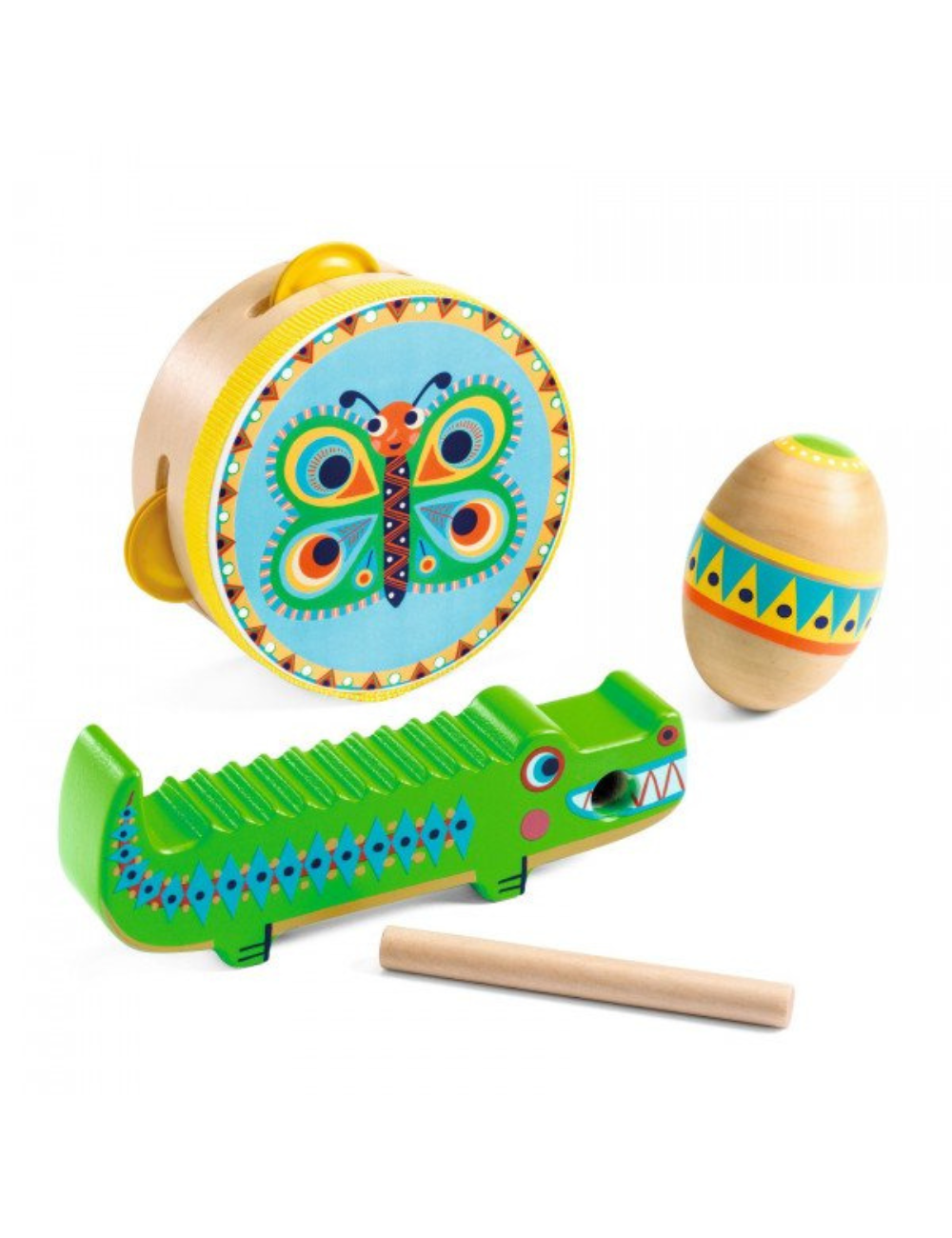 Set of percussions: tambourine, maracas, guiro